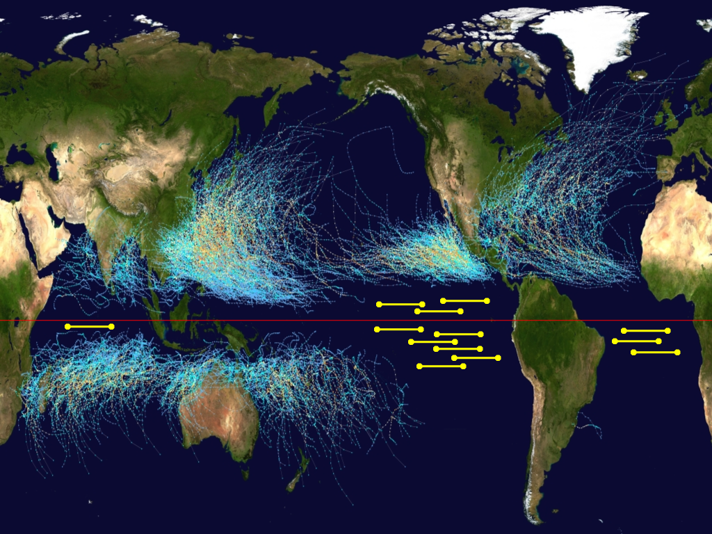 world map with hurricane tracks